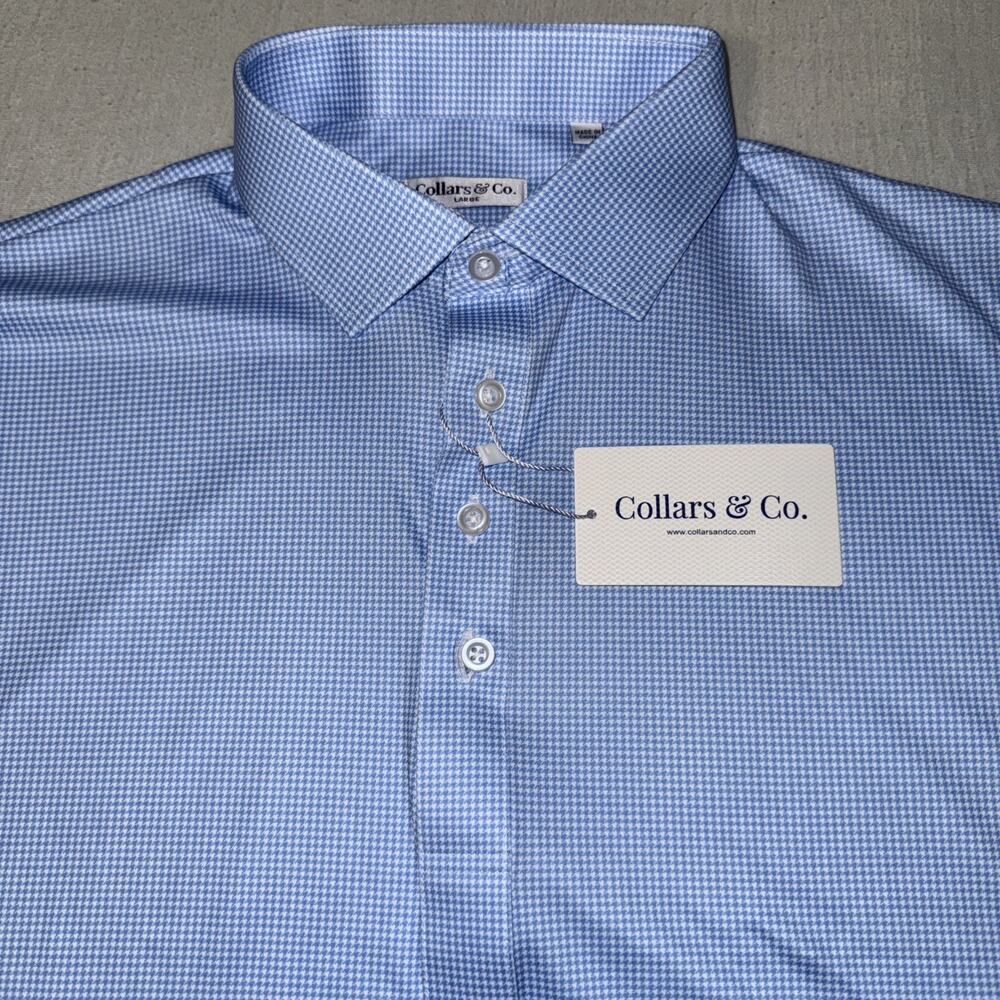 Collars and Co Golf Polo White Blue Geometric AOP Size Large Preppy NWT